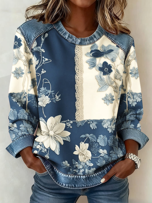 Sudadera de mezclilla con estampado floral 3D para mujer