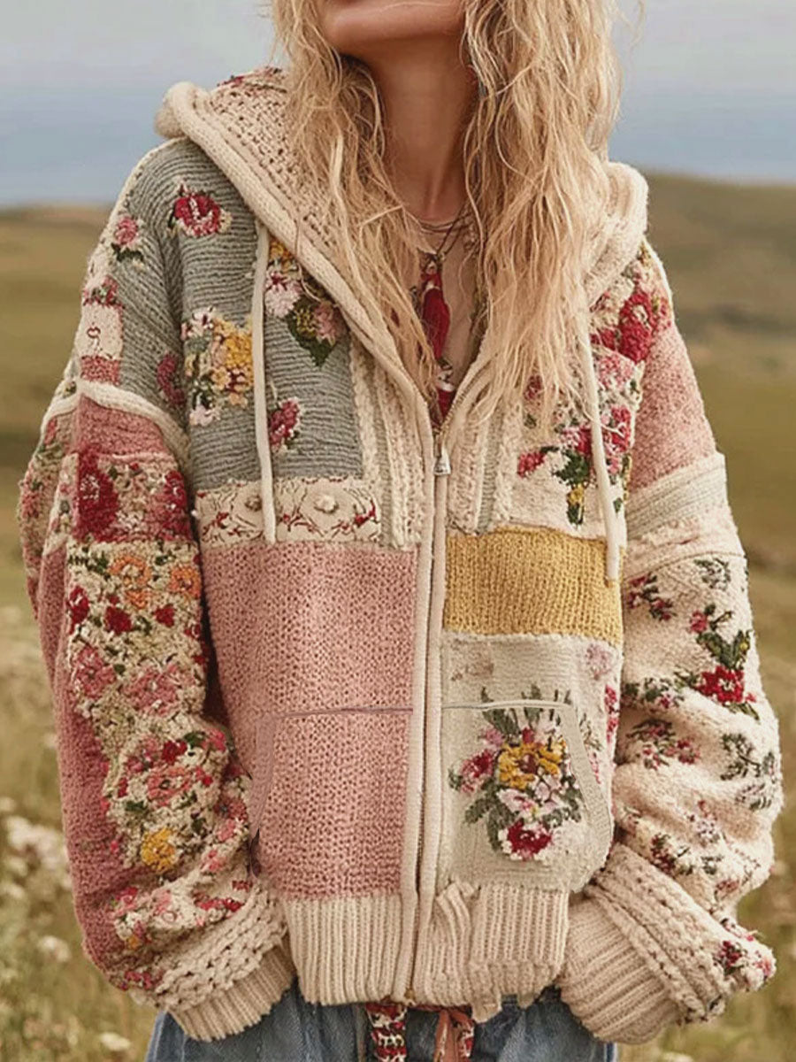 Chaqueta con cremallera casual con estampado floral rosa para mujer