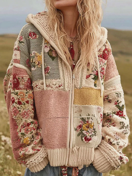 Chaqueta con cremallera casual con estampado floral rosa para mujer