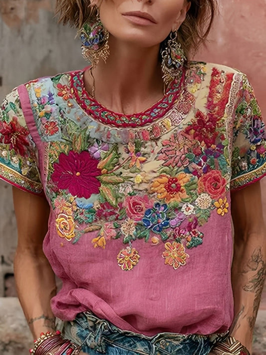 Camiseta casual con estampado floral rosa para mujer