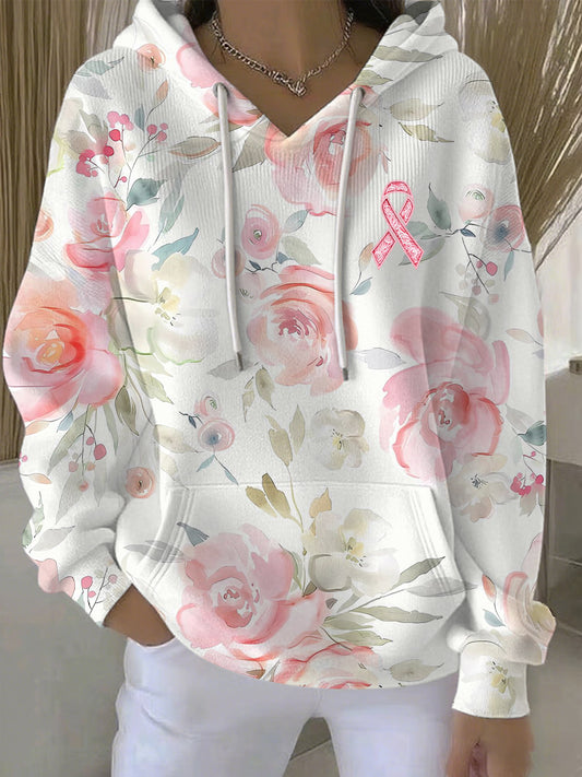 Sudadera con capucha casual de impresión floral rosa cáncer de mama de las mujeres