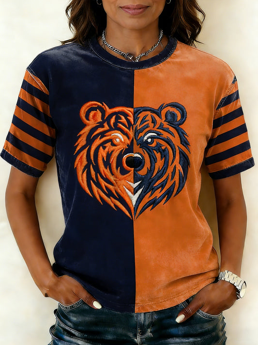 Camiseta casual para mujer Bear Print Football Fans Gameday