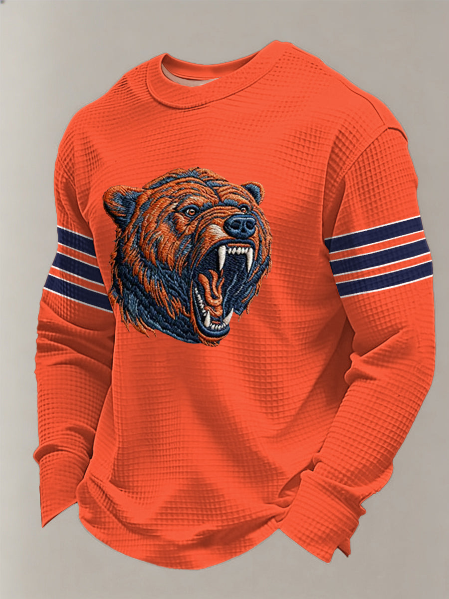 Hombres Oso Imprimir Fútbol Fans Gameday Casual Waffle Camiseta de manga larga