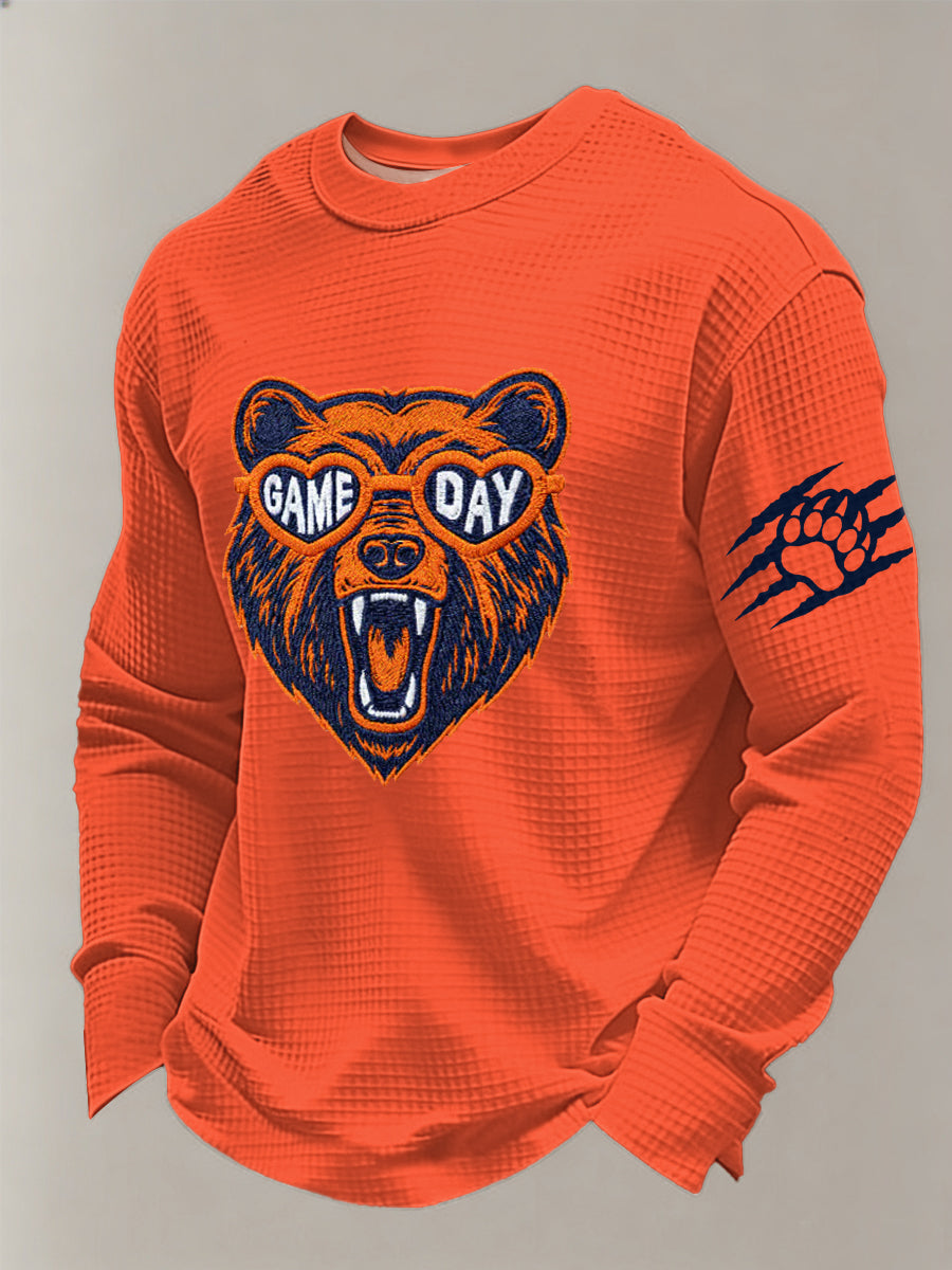 Hombres Oso Imprimir Fútbol Fans Gameday Casual Waffle Camiseta de manga larga