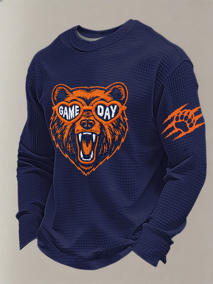 Hombres Oso Imprimir Fútbol Fans Gameday Casual Waffle Camiseta de manga larga