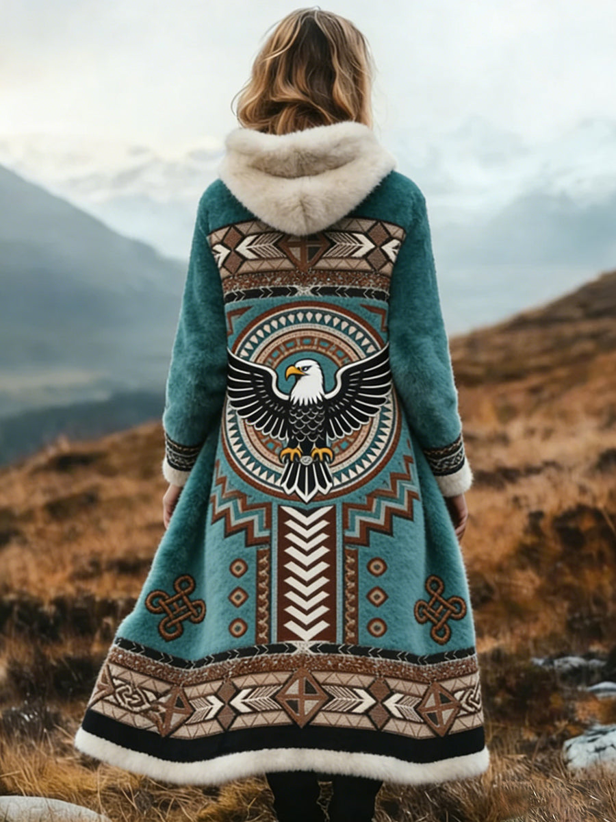 Mujeres Vintage Azteca Patrón Cómodo Engrosado Abrigo Largo