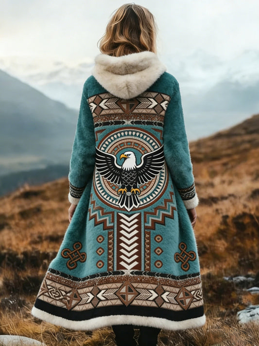 Mujeres Vintage Azteca Patrón Cómodo Engrosado Abrigo Largo