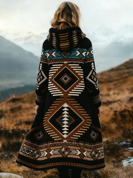 Mujeres Vintage Azteca Patrón Cómodo Engrosado Abrigo Largo