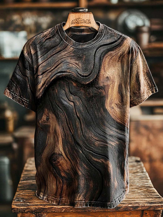 Abstracto negro y marrón grano de madera impresión casual camiseta de manga corta