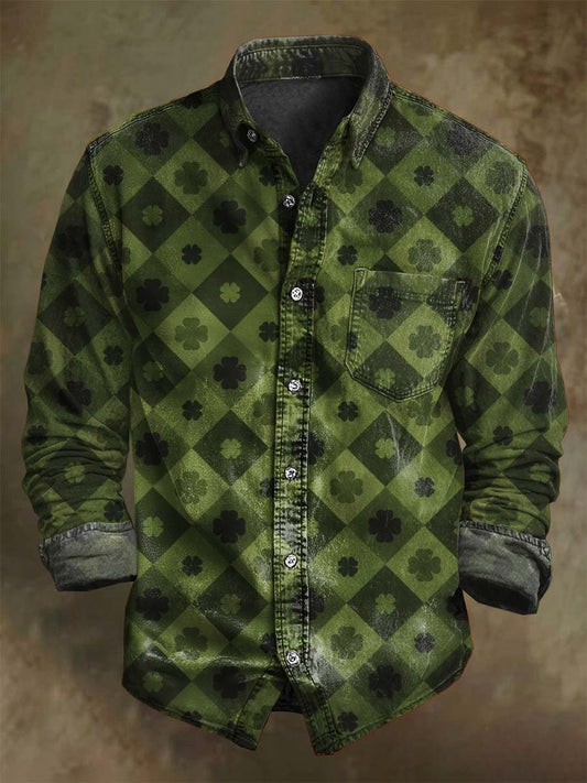 St. Patrick's Day Plaid Print Casual Camisa de manga larga
