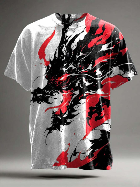 Camiseta de manga corta informal con estampado de dragón oscuro abstracto