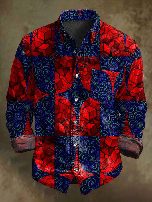 Camisa informal de manga larga con estampado geométrico abstracto de color bloqueado