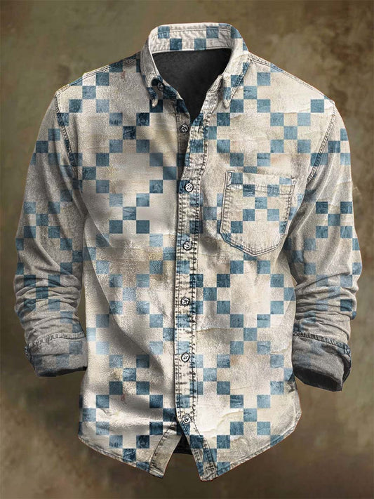 Camisa de manga larga informal de impresión a cuadros retro abstracto