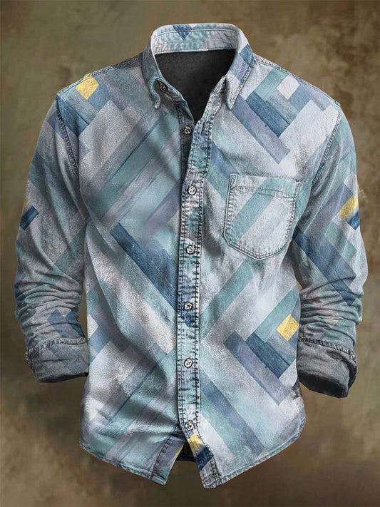 Camisa de manga larga casual de estampado geométrico azul-gris abstracto