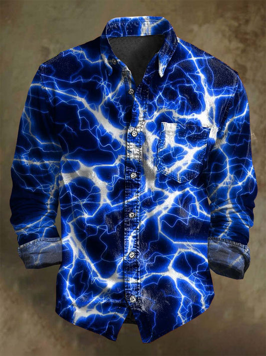Camisa casual de manga larga con estampado relámpago azul y blanco