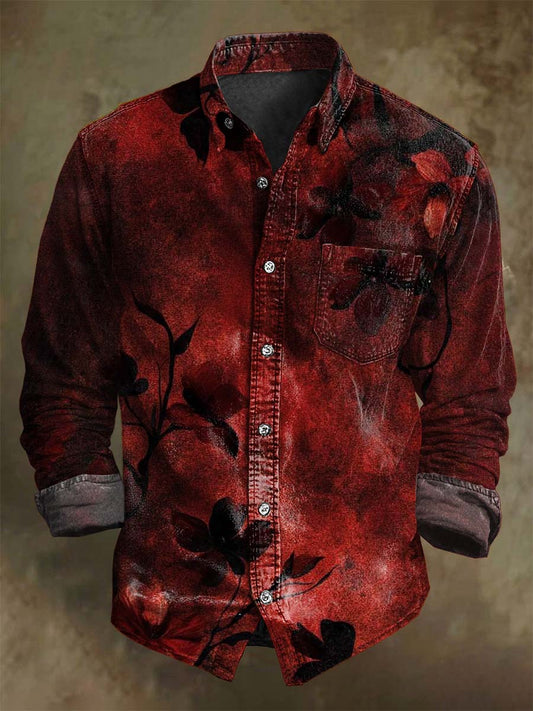 Rojo y negro Splatter floral impresión casual camisa de manga larga