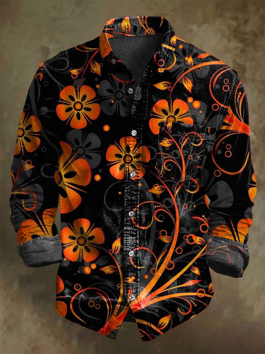 Camisa de manga larga casual con estampado floral naranja y negro