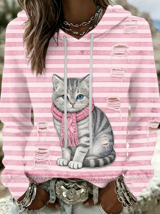 Sudadera con capucha casual retro de la prevención del cáncer de pecho del gato de las mujeres