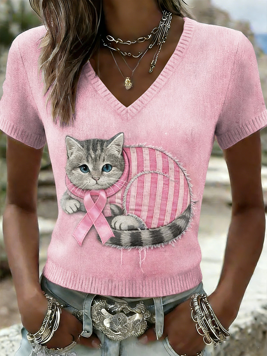 Camiseta de manga corta de punto casual de la conciencia del cáncer de mama del gato lindo retro de las mujeres