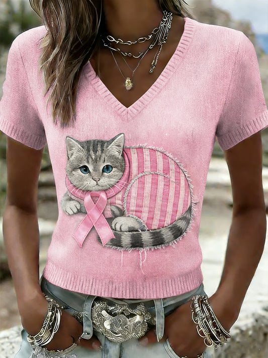 Camiseta de manga corta de punto casual de la conciencia del cáncer de mama del gato lindo retro de las mujeres