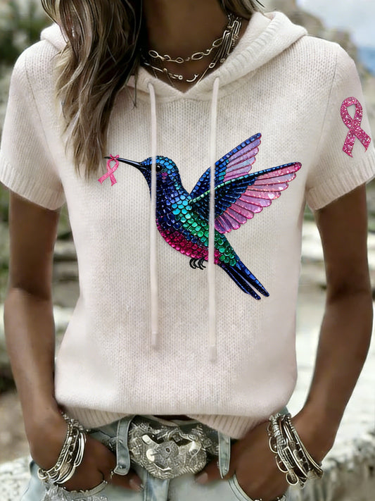 Camiseta con capucha ocasional de la conciencia del cáncer de pecho del colibrí retro de la perla de las mujeres