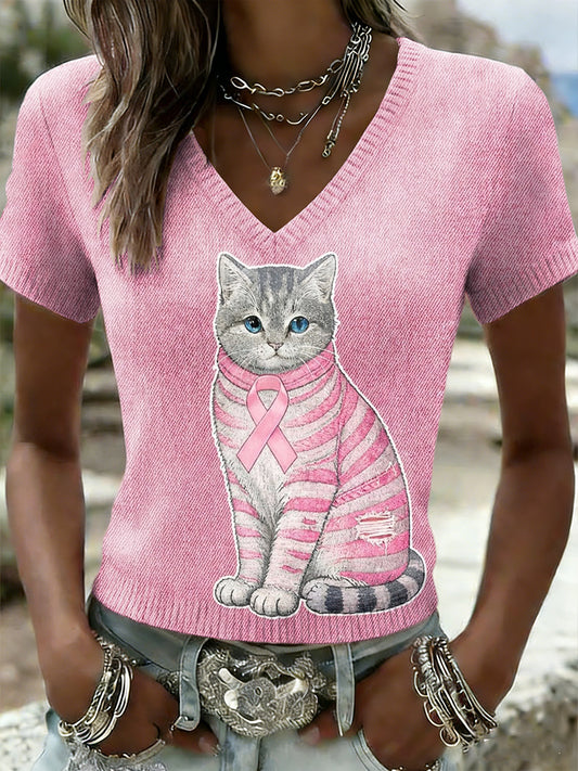 Camiseta de manga corta de punto casual de la conciencia del cáncer de mama del gato lindo retro de las mujeres
