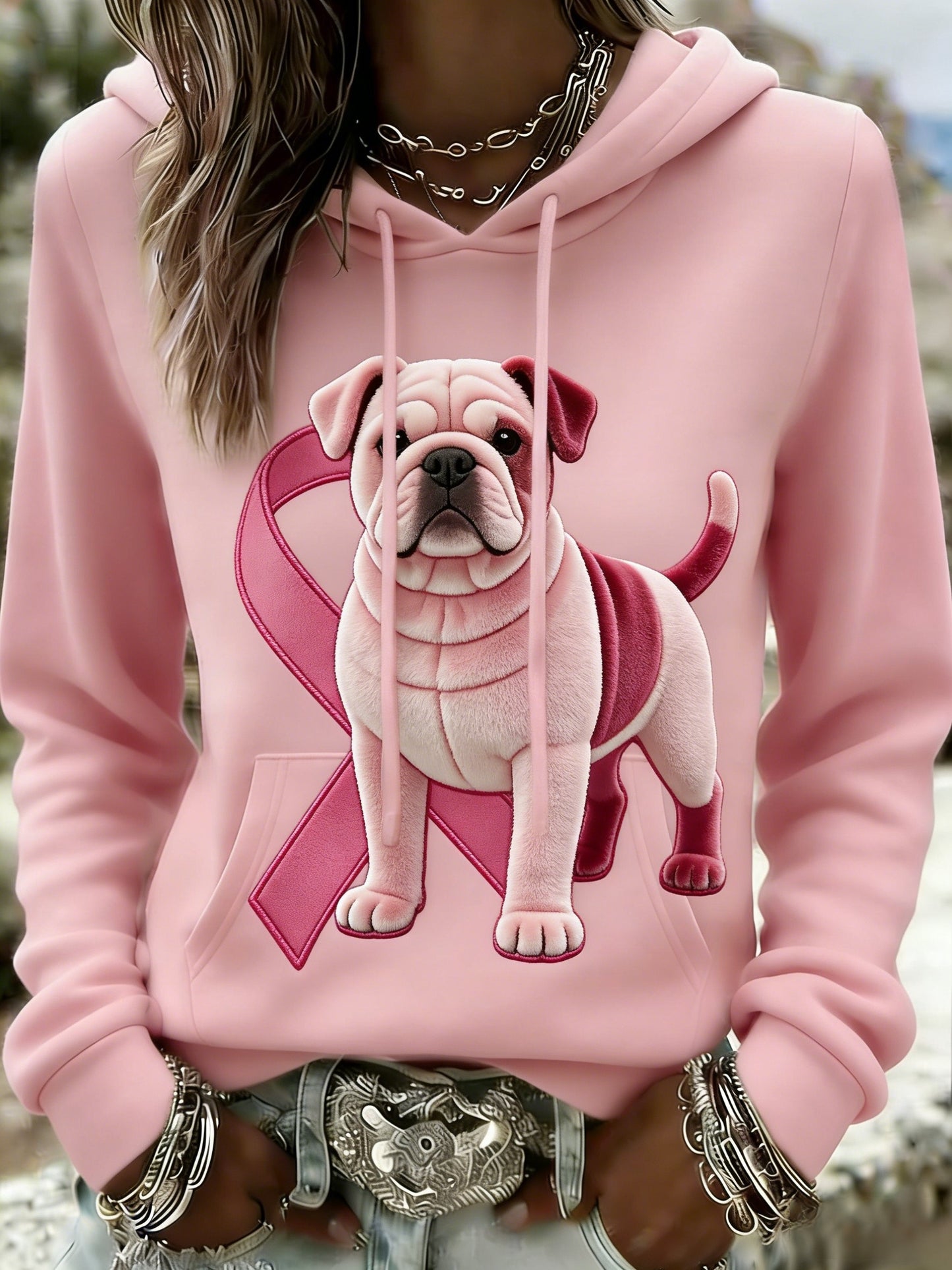 Mujer Retro Bulldog Breast Cancer Awareness Casual Sudadera con capucha