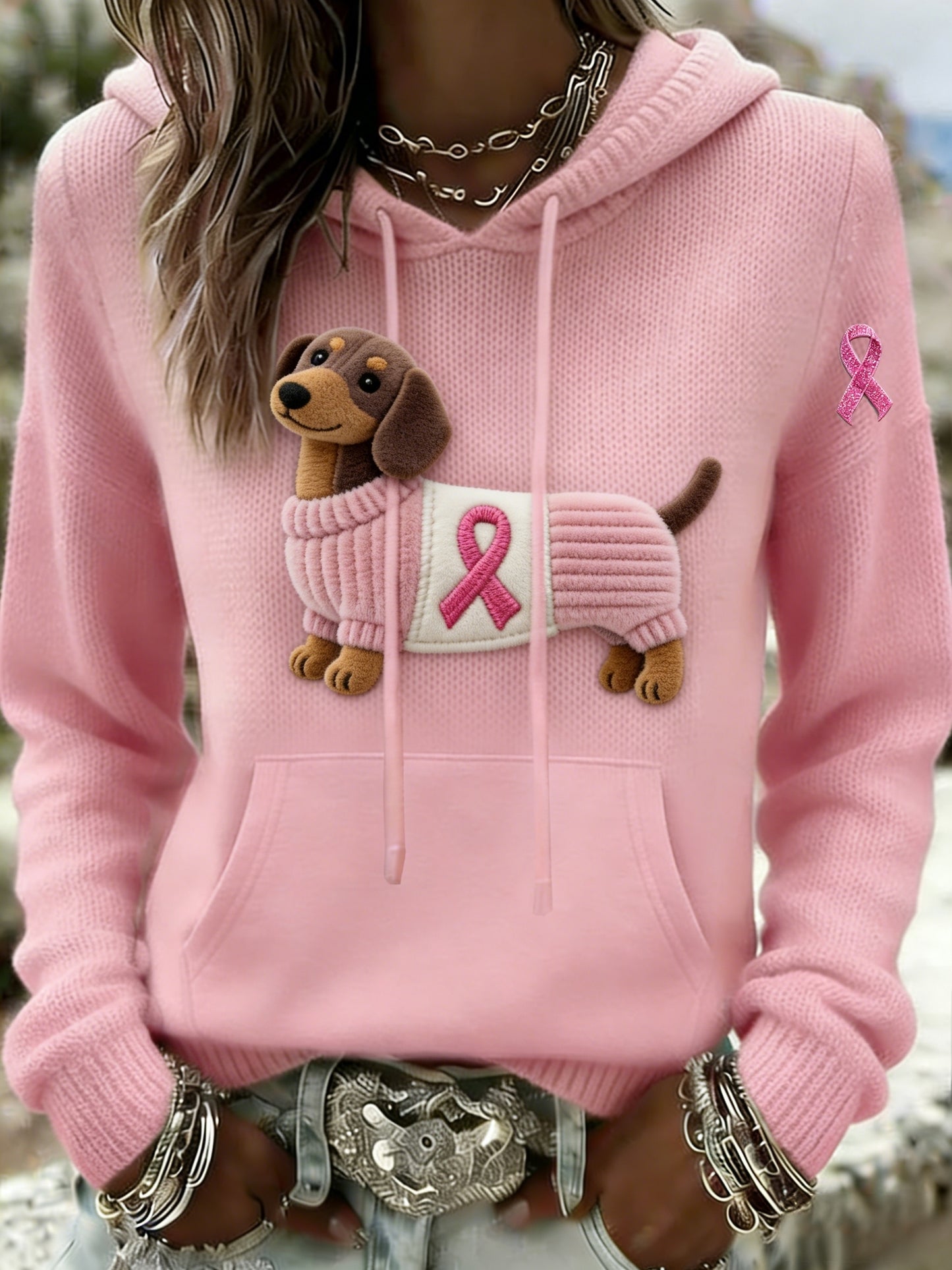 Mujer Retro Dachshund Conciencia del cáncer de mama Casual Sudadera con capucha