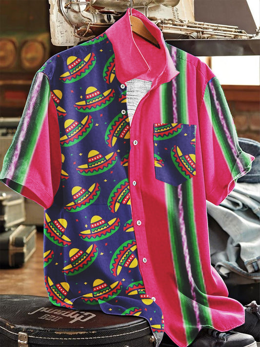 Camisa con botones de solapa de manga corta con estampado de sombrero de paja mexicano para hombre