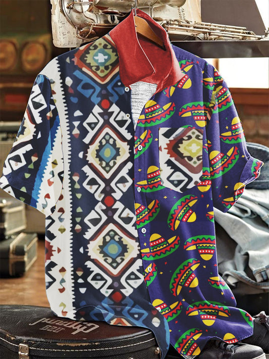 Camisa mexicana del botón de la solapa de la manga corta de la impresión del sombrero de paja del Cinco de Mayo de los hombres