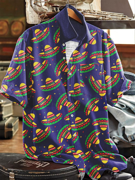 Camisa con botones de solapa de manga corta con estampado de sombrero de paja mexicano para hombre