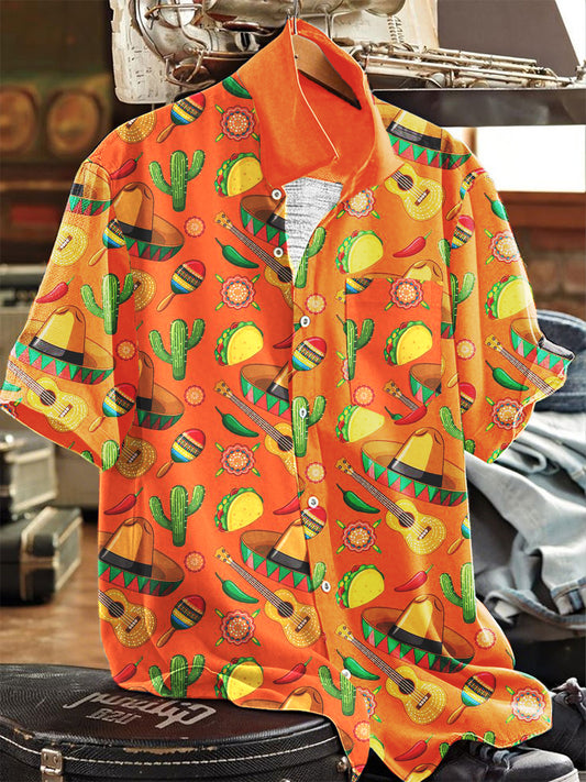 Camisa con botones de solapa de manga corta con estampado de sombrero de paja mexicano para hombre