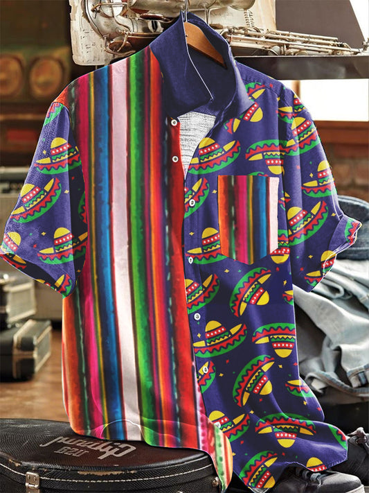 Camisa con botones de solapa de manga corta con estampado de sombrero de paja mexicano para hombre