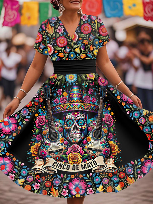 Vestido con cuello en V y estampado floral de Cinco de Mayo para mujer