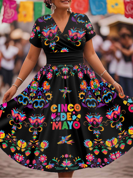 Vestido con cuello en V y estampado floral de Cinco de Mayo para mujer