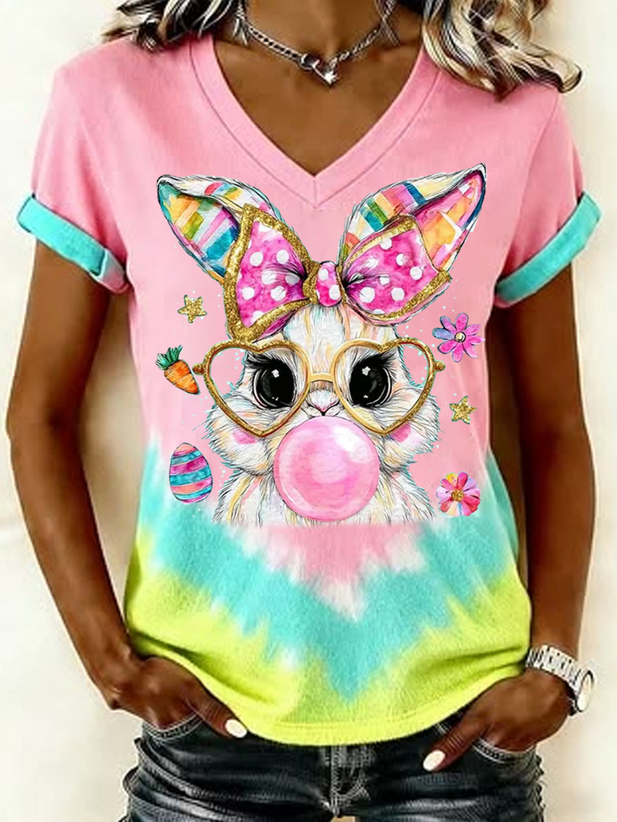 Camiseta casual con cuello en V y estampado de conejo lindo de Pascua para mujer