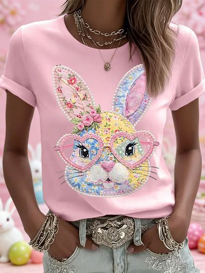 Mujer Pascua Floral Bunny Patchwork Print Casual Tee