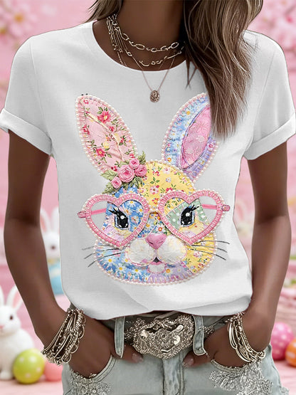 Mujer Pascua Floral Bunny Patchwork Print Casual Tee