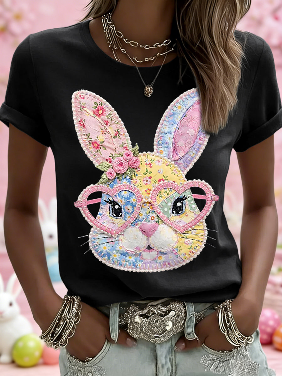 Mujer Pascua Floral Bunny Patchwork Print Casual Tee