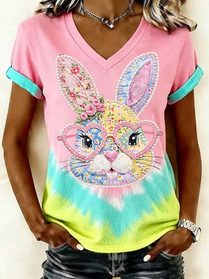 Mujer Pascua Floral Bunny Patchwork Imprimir Casual V-Neck Tee