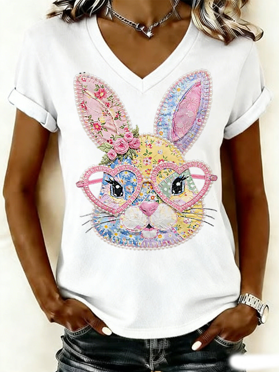 Mujer Pascua Floral Bunny Patchwork Imprimir Casual V-Neck Tee