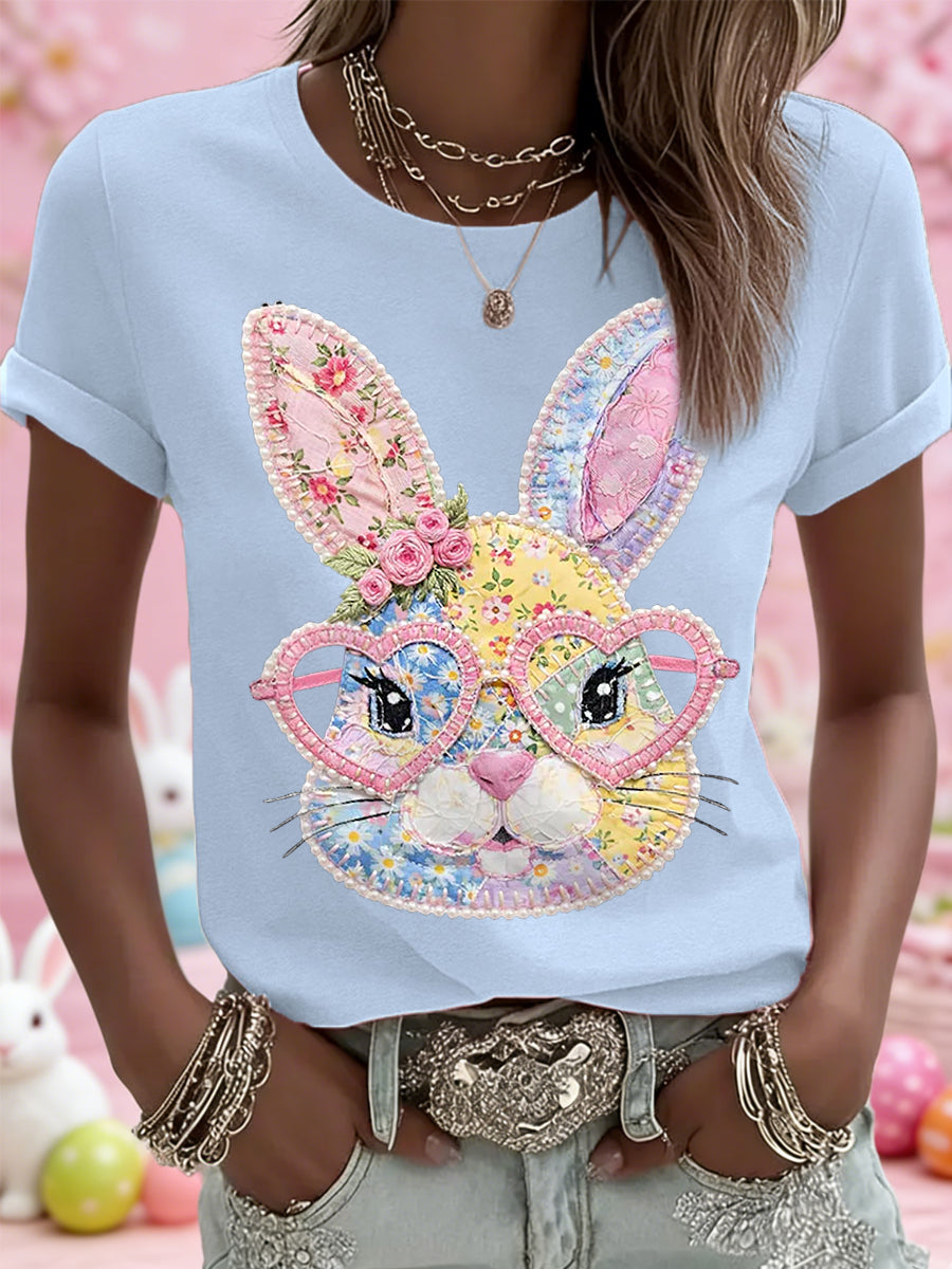 Mujer Pascua Floral Bunny Patchwork Print Casual Tee