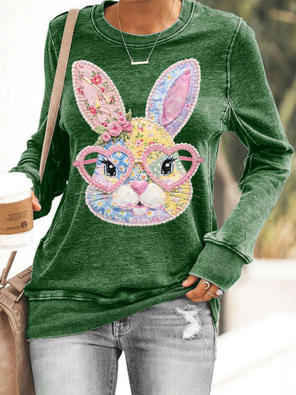 Conejito Floral de Pascua de las mujeres Patchwork Imprimir Casual Sudadera