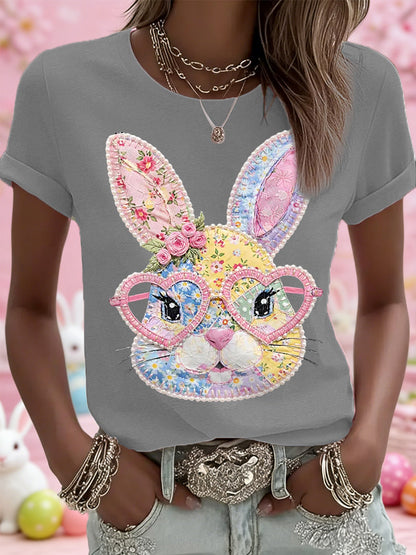 Mujer Pascua Floral Bunny Patchwork Print Casual Tee