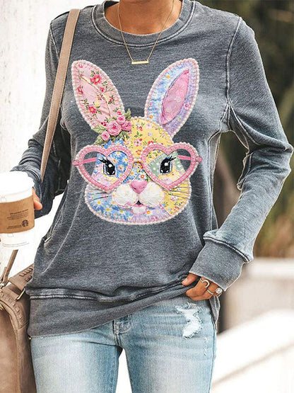 Conejito Floral de Pascua de las mujeres Patchwork Imprimir Casual Sudadera