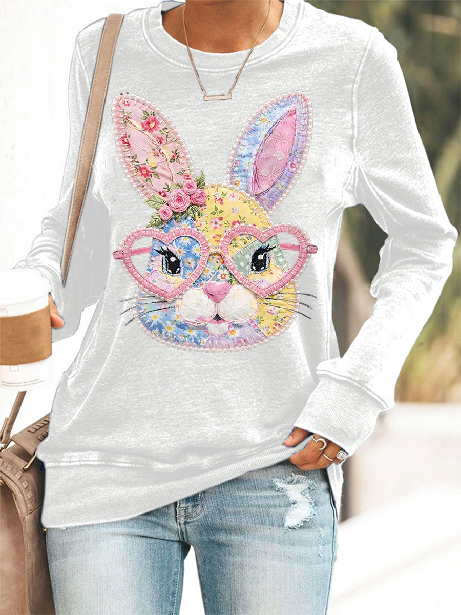 Conejito Floral de Pascua de las mujeres Patchwork Imprimir Casual Sudadera