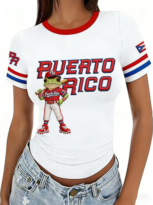 Camiseta casual con estampado de béisbol de Puerto Rico para mujer