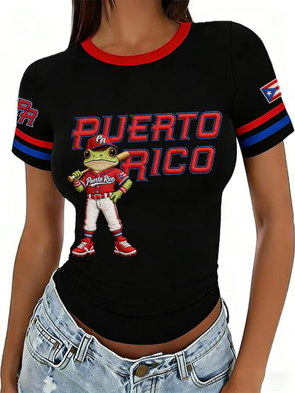 Camiseta casual con estampado de béisbol de Puerto Rico para mujer