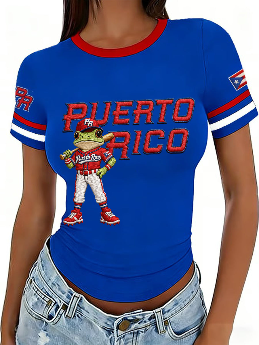 Camiseta casual con estampado de béisbol de Puerto Rico para mujer