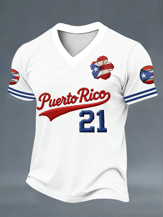 Camiseta con cuello en V casual de impresión de béisbol de Puerto Rico para hombre